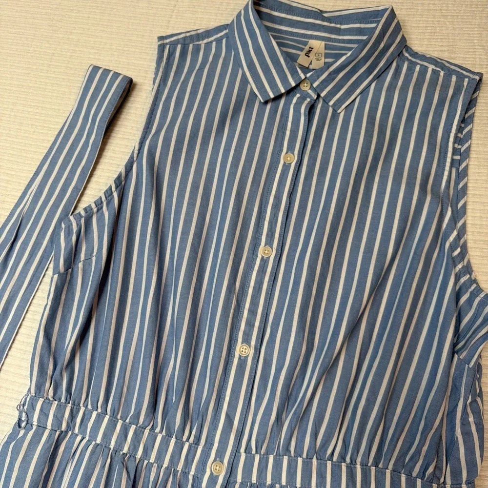 Pact Women L Sunset Lightweight Striped Blue Sleeveless Shirtdress w Pockets - Picture 4 of 9
